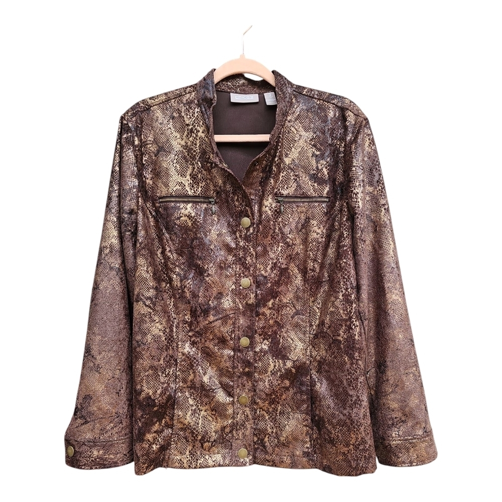 Chico's Brown Metallic Sheen Snakeskin Print Jacket Size 3 (XL)